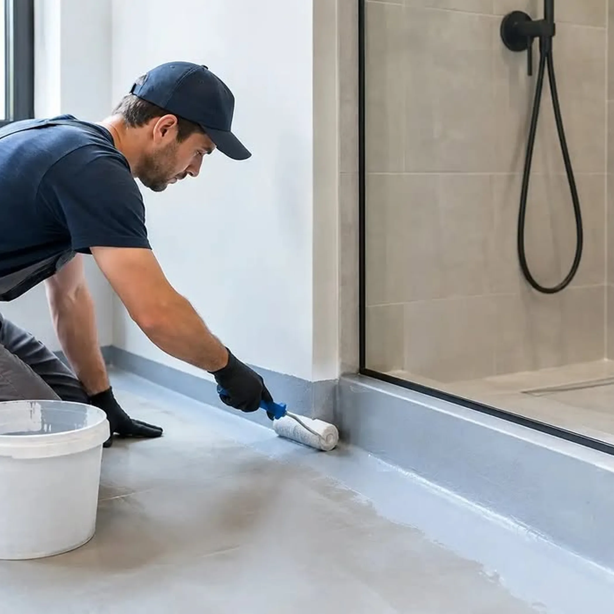 worker applying shower waterproofing